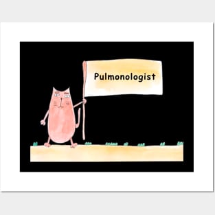 Pulmonologist. Cat is holding a banner with the inscription. Humor, humorous, joke. Text message. Watercolor, humorous funny design. Posters and Art